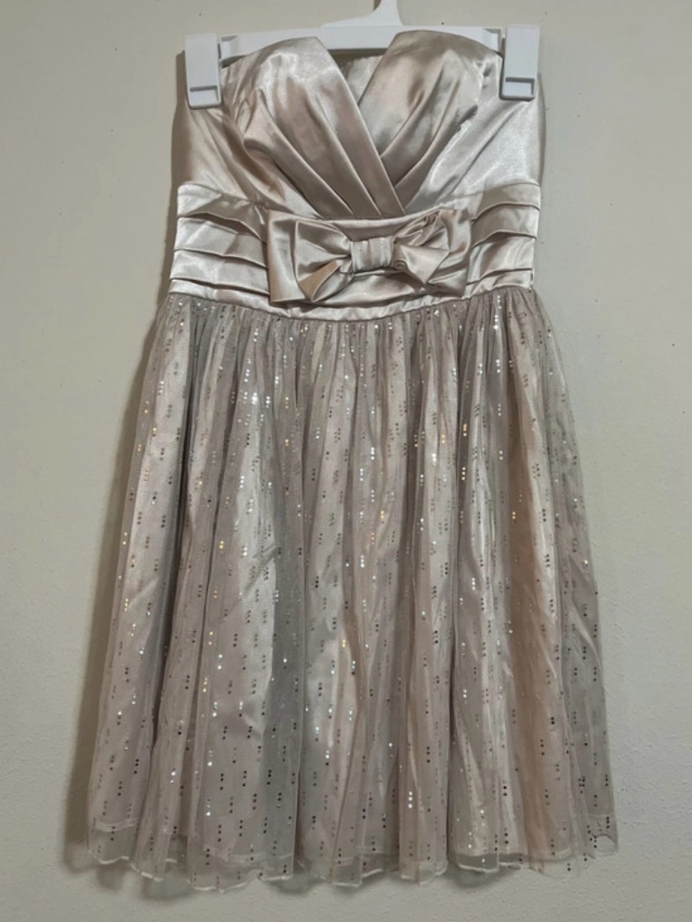 Trixxi Strapless Champagne Sparkle Tulle Dress with Waist Bow - Picture 7 of 7